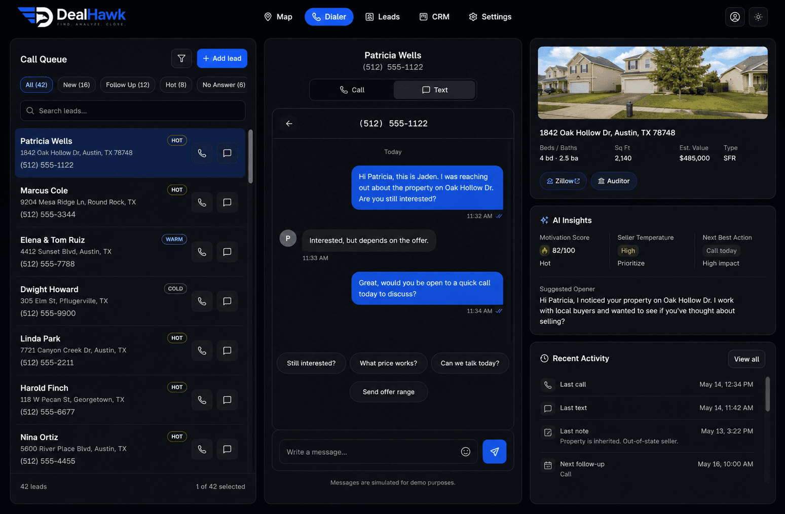 DealHawk dialer and AI call analysis interface